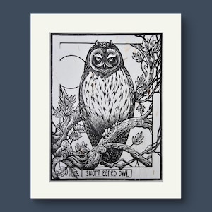 Owl linocut print | Short Eared Owl | Wall Art | Home Decor | Handmade Print | 10x8in Print | Owl Art.
