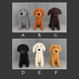 May include: Six needle-felted dog figurines labelled A through F. Figure A is grey, B is orange-brown, C is dark brown, D is black, E is cream-white, and F is golden-yellow. Each dog has floppy ears, a dark nose, and sits in an upright position.