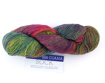 Malabrigo Sock in color Diana, Fingering Weight Merino Wool Knitting Yarn, greens, orange, reds, #886