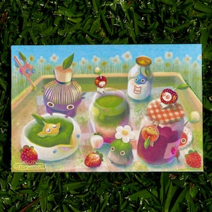 Cartão postal inspirado em morango e matcha Pikmin Bloom - estilo vintage, impressão de 10 x 15 cm