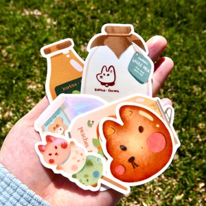 Shiba Inu Snack Vinyl Sticker - Katsu Farms Collection - dango | apple juice | milk | char siu bun | bread | soda