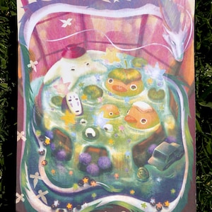 May include: A colorful illustration featuring characters from a fantasy film. The artwork depicts a bath scene with various creatures, including duck-like figures and a dragon. The image has a whimsical style with soft colors and a dreamlike quality.