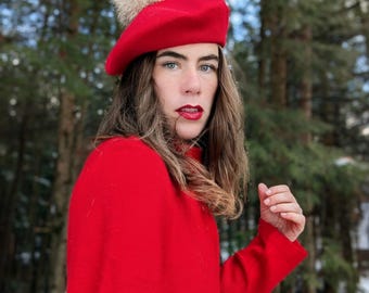 Wool Beret with Fur Pompom
