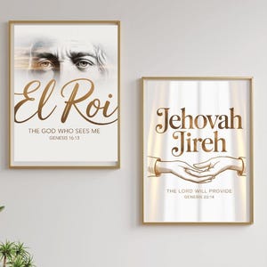 Set of 6 Printable Christian Wall Art – Hebrew Names of God: El Roi, Jehovah Jireh, Rapha, Shalom, Adonai | Minimalist Bible Verse Decor