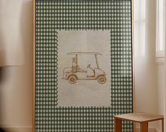 Golf Cart Print Nursery Wall Art Vintage Golf Decor Gingham Baby Room Poster Retro Golf Artwork Country Club Kids Room Digital Download