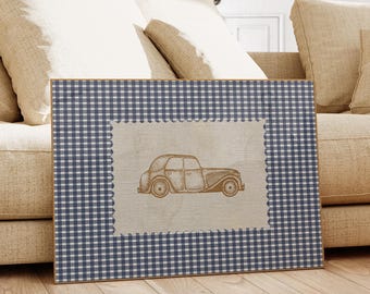 Vintage Car Print Rustic Wall Art Retro Auto Decor Gingham Classic Car Poster Antique Vehicle Illustration Farmhouse Nursery