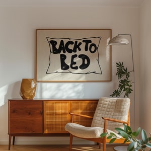 Impresión de mediados de siglo de Back to Bed, impresión Bauhaus, póster de dormitorio de moda, impresión tipográfica, póster para dormir, arte de pared estético, dormitorio digital negro