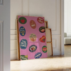 Vintage Obst Aufkleber Poster Rosa Kunst Trendy Küche Druck Retro Food Art Moderne Küchenkunst Obst Poster druckbare Kunst Küche Wanddekor