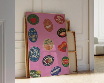 Vintage Fruit Sticker Poster Pink Art Trendy Kitchen Print Retro Food Art Modern Kitchen Art Fruit Poster Printable Art Kitchen Wall Decor