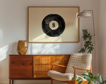 Vintage Black Pool Ball Print Retro Hand-Drawn Wall Art Printable Wall Art Digital Download Print Horizontal Print Trendy Wall Art