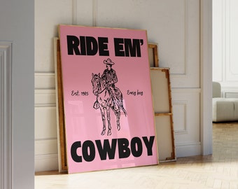 Pink Cowboy Poster Vintage Western Wall Art Retro Western Art  Digital Download Dorm Room Print Set of 1