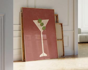 Martini print cocktail handgetekende retro poster alcohol poster bar kar wordt afgedrukt minimalistische muur kunst trendy galerie muur digitale download