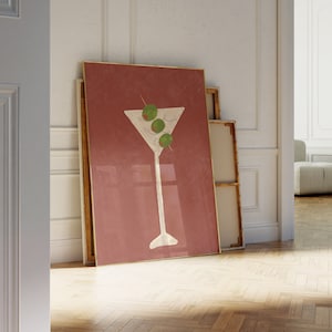 Impresión de martini, cóctel, póster retro dibujado a mano, póster de alcohol, impresiones de carrito de bar, arte de pared minimalista, galería de moda, descarga digital de pared