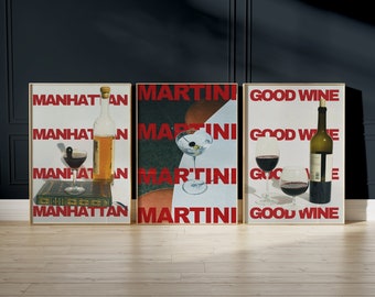 Set of 3 Cocktail Print Retro Poster Alcohol Poster Bar Cart Prints Martini Wall Art Trendy Alcohol Wine Art Gallery Wall Digital Download