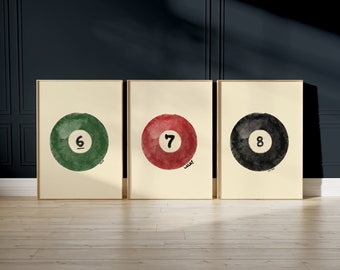 3er-Set Vintage Pool Ball Print Retro handgezeichnete Wandkunst druckbare Wandkunst Digital Download Print, herunterladbare Druck trendige Wandkunst