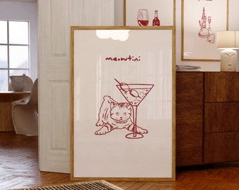 Trendy Cat and Martini Digital Wall Art for Stylish Bar Cart Decor - Modern Print, Cocktail Night, Home Lounge, Printable Poster