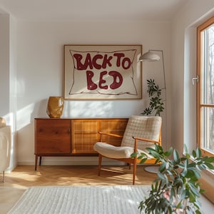 Impresión Bauhaus de mediados de siglo con la frase "Back to Bed", póster de dormitorio de moda, impresión tipográfica, póster para dormir, arte de pared estético, decoración digital para dormitorio