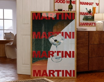 May include: A framed poster with the word "MARTINI" repeated four times in red letters. The poster features a martini glass with a green olive and a white background.