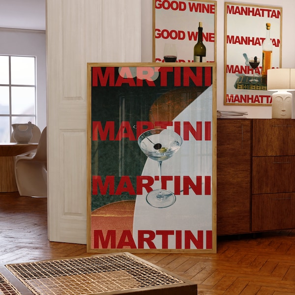 Impresión de Martini, cartel retro de cóctel, cartel de alcohol, cartel de bar, impresiones de carro, arte de pared minimalista, galería imprimible de moda, descarga digital de pared
