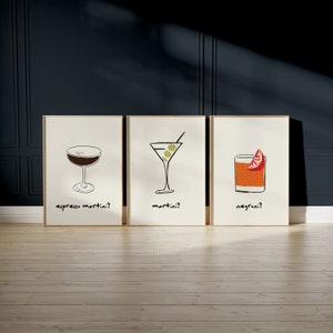 Impresión de cóctel, carrito de bar, arte de pared, póster de espresso martini, decoración estética de carrito de bar, impresión minimalista, descarga digital, juego de 3