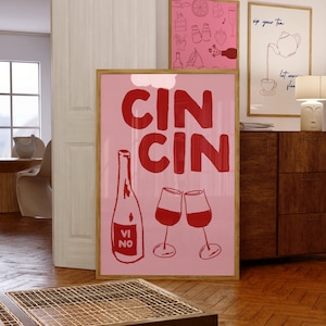 Cin Cin Wine Print Alcohol Print Retro Wine Poster Bar Cart Wall Art Bar Printable Art Wine Decor Drinks Pink Red Digital Download