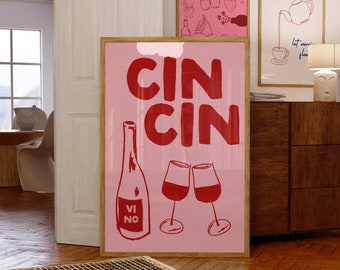 Cin Cin Wine Print Alcohol Print Retro Wine Poster Bar Cart Wall Art Bar Printable Art Wine Decor Drinks Pink Red Digital Download