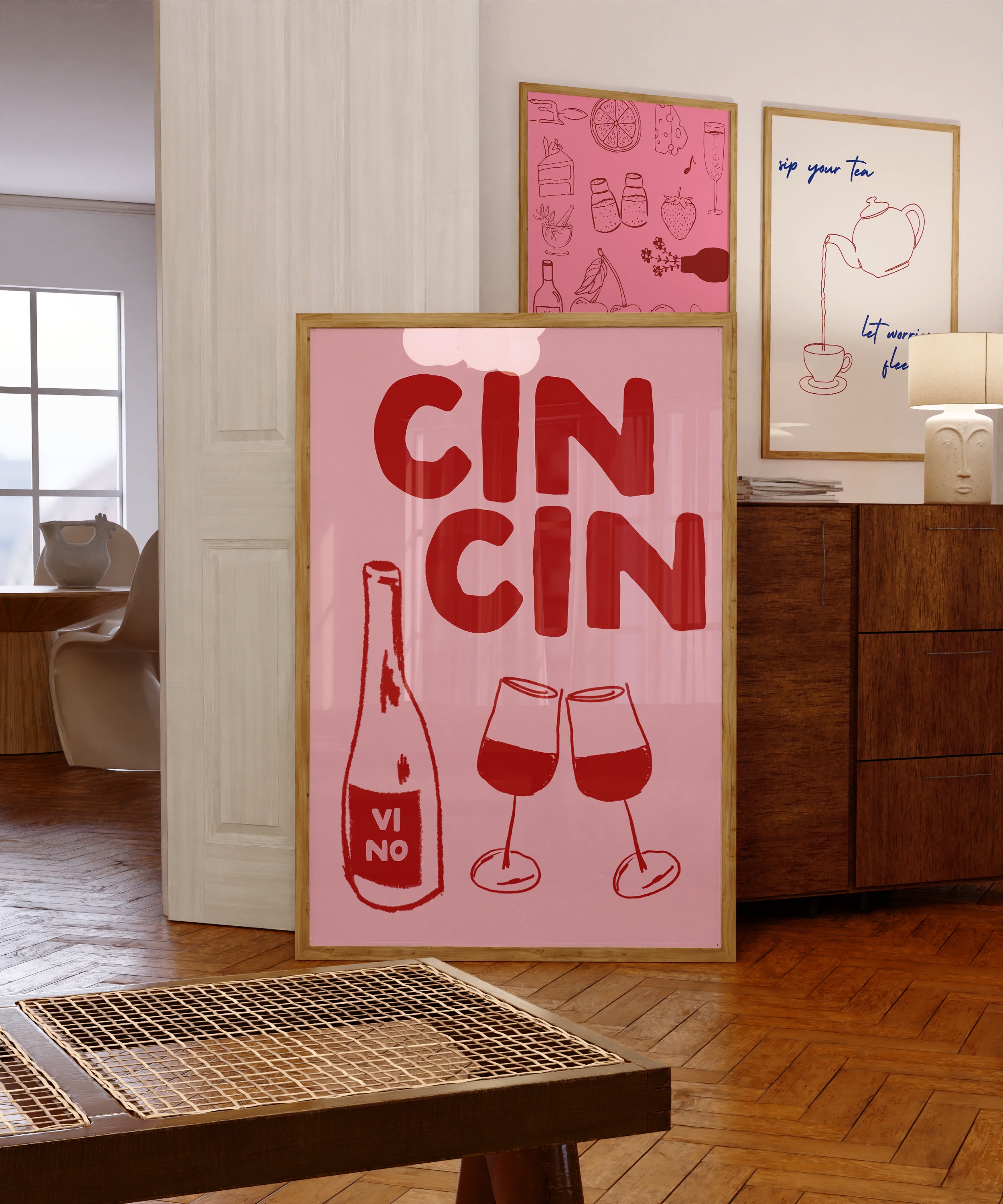 Cin Cin Wine Print Alcohol Print Retro Wine Poster Bar Cart