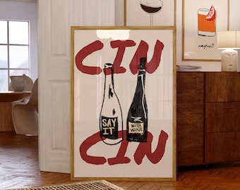 Cin Cin Wine Print Alcohol Print Vintage Wine Poster Bar Cart Wall Art Bar Printable Art Wine Decor Drinks Digital Download