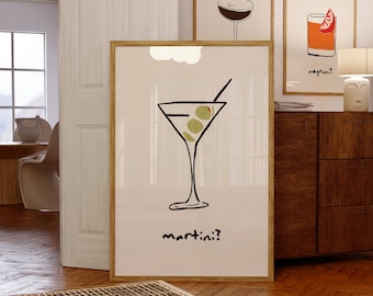 Martini Poster Bar Cart Wall Art Cocktail Print Retro Wall Art Alcohol Prints Bar Cart Decor Kitchen Print Digital Download Set of 1