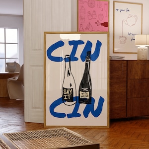 Cin Cin ワインプリント アルコールプリント ヴィンテージワインポスター バーカート ウォールアート バー 印刷可能アート ワイン デコレーション ドリンク ブルー デジタルダウンロード