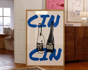 Cin Cin Wine Print Alcohol Print Vintage Wine Poster Bar Cart Wall Art Bar Printable Art Wine Decor Drinks Blue Digital Download
