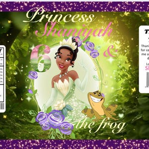 May include: A custom-designed birthday party favor featuring Princess Tiana and a frog. The design includes the text "Princess Shaniyah & the frog" and "6". The background is a lush green forest with purple accents.
