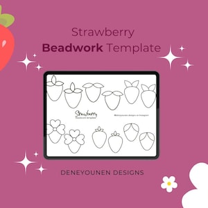 Peut inclure: Un modèle numérique pour le travail des perles avec différents motifs de fraises. Le modèle est affiché sur l'écran d'une tablette avec le texte "Strawberry Beadwork Template" et "Dene younen Designs".