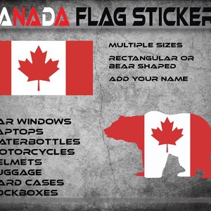 Stickers vlag Canada, normaal en in de vorm van een beer, met namen of zinsdelen. Stickers voor veiligheidshelmen of koffers, laptops, bidons, autoruiten en meer