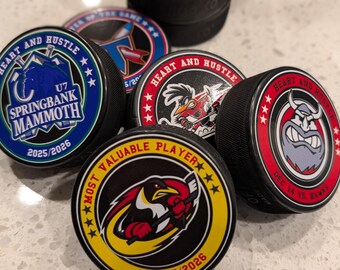 Custom Souvenir Puck Stickers for Heart and Hustle, Player of the Game, MVP, Thank You, Keepsake and more. Label Only puck not included