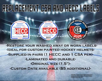 Hockey Helmet CSA and HECC replacement labels for player and goalie helmets
