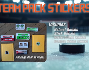 Full Team Sticker Packs for hockey and lacrosse teams featuring helmet logos name tags stick decals and waterbottle stickers