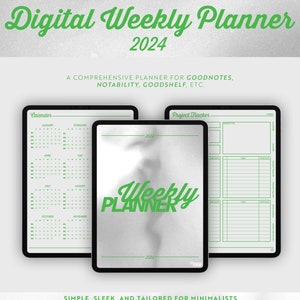 Puede incluir: Un planificador semanal digital para 2024 con un calendario, un rastreador de proyectos y las palabras "Weekly Planner" en texto verde. El planificador está diseñado para su uso con aplicaciones de toma de notas como Goodnotes, Notability y Goodshelf.