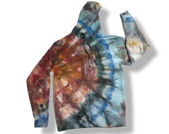 Medium Earth Tone Zip Up Ice Dye Tie Dye Hoodie