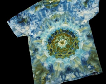 Large Mandala Ice Dye Tie Dye T-Shirt/Blue Mandala Tie Dye Shirt with Backbone - Hippy, Handmade, Hand Dyed,  Adult T-Shirt, Unique Gift