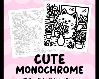Monochrome Cute and Cozy | 30 One Color Black Ink Coloring Book for Adults & Teens | Relaxing Easy Sheets | Cats Dogs Bunnies Bears Foxes