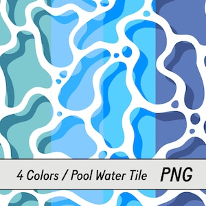 Puede incluir: Patrón sin costuras con formas abstractas en tonos azules y turquesas sobre fondo blanco. El diseño evoca agua o formas líquidas. El texto "4 Colors / Pool Water Tile PNG" se muestra en la parte inferior.