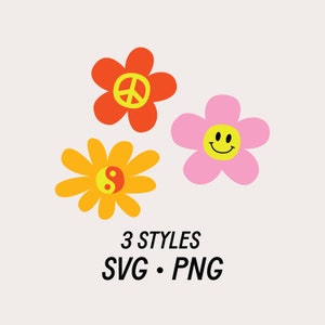 Anni '60 anni '70 Segno di pace Ying Yang Faccina Fiore SVG PNG, Floreale Carino Retro / Disegni Download, PNG Clipart, Love Hippie Peace Symbol