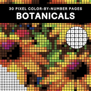 Könnte beinhalten: Ein Malen-nach-Zahlen-Buch mit dem Titel "BOTANICALS" und dem Text "30 PIXEL COLOR-BY-NUMBER PAGES" oben. Das Bild ist ein Mosaik aus farbigen Quadraten, mit einem Schlüssel in einem Kreis. Die Farbpalette umfasst Grün-, Orange-, Braun- und Lilatöne.