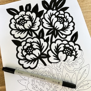 May include: Black and white floral line art on white paper. The design features four large peony-like flowers with detailed petals and leaves. A gray pen with the text "ARTISTRO" lies across the bottom of the page.