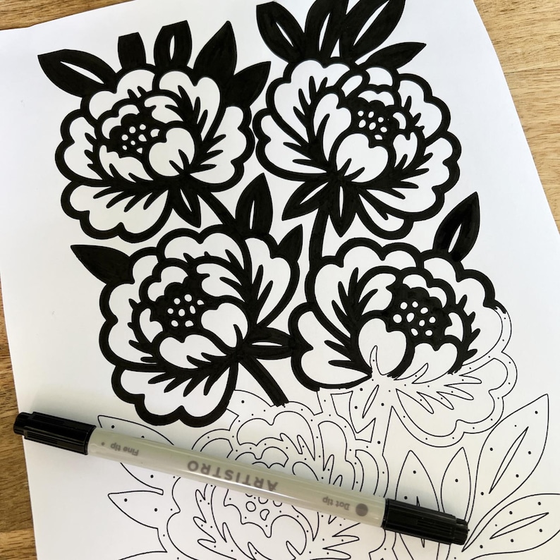 May include: Black and white floral line art on white paper. The design features four large peony-like flowers with detailed petals and leaves. A gray pen with the text "ARTISTRO" lies across the bottom of the page.