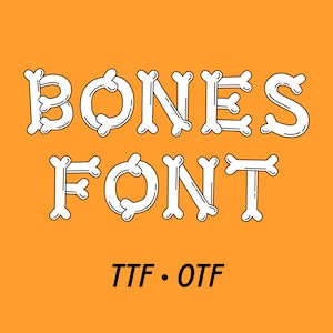 May include: An orange background with the words "BONES FONT" in white, bone-shaped letters. Below the text are the letters "TTF • OTF" in black. The font is a playful design, perfect for Halloween or spooky-themed projects.