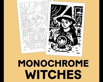 May include: Monochrome Witches coloring book with 30 one-color coloring pages. The cover features a black and white illustration of a witch with a crystal ball. The background is a light tan color.