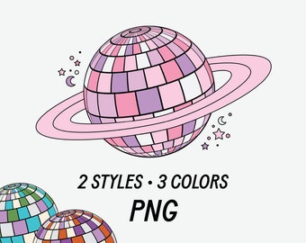 May include: A pink, white, and purple disco ball planet with a pink ring around it. There are small stars and crescent moons in the background. The text "2 STYLES. 3 COLORS PNG" is below the planet.