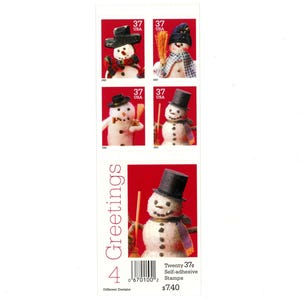 May include: Sheet of twenty-four 37-cent self-adhesive stamps featuring snowmen. Each stamp shows a snowman with a top hat, scarf, and broom. The stamps are set against a red background with the word "Greetings" and the number "4".